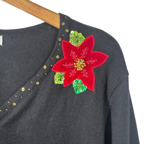 Bobbie Bell Top Size L Black Floral Embroidery Poinsettia Holiday Festive Ramie - Picture 3 of 7